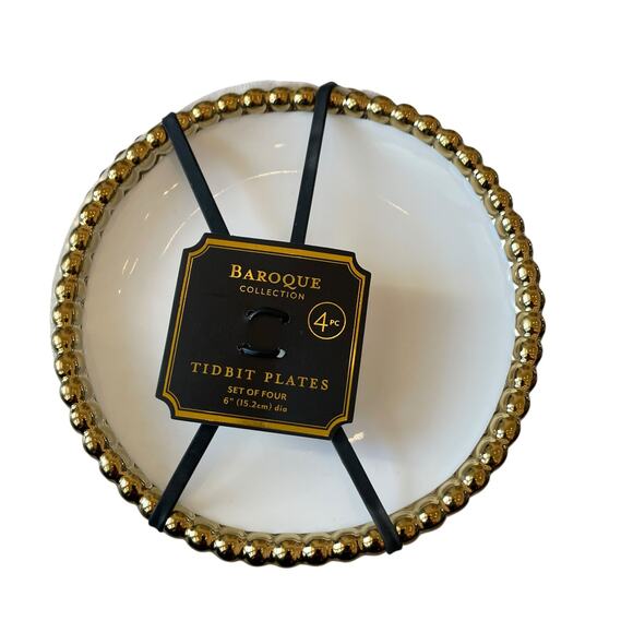 Baroque Ceramic Appetizer Plates 6in Gold Beaded Trim Set of 4 White New - Picture 2 of 11